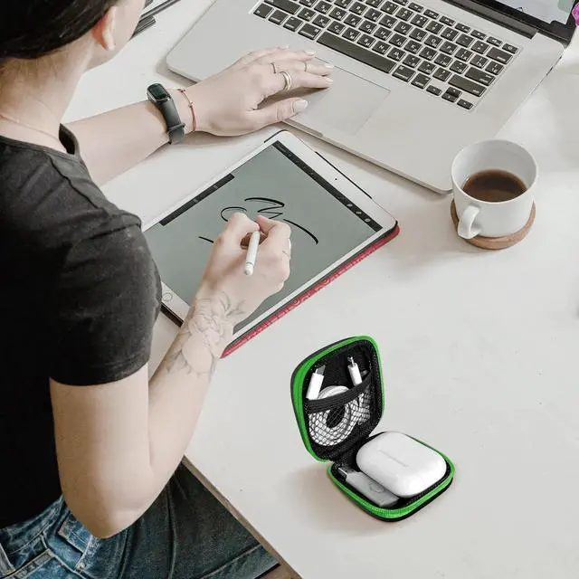 Alt view image 5 of 7 - 2Pack Square Earbud Case Portable EVA Carrying Case Storage Bag Cell Phone Accessories Organizer with Carabiner for Earphone, Earbud, Earpieces, SD Memory Card, Camera Chips-Purple/Green