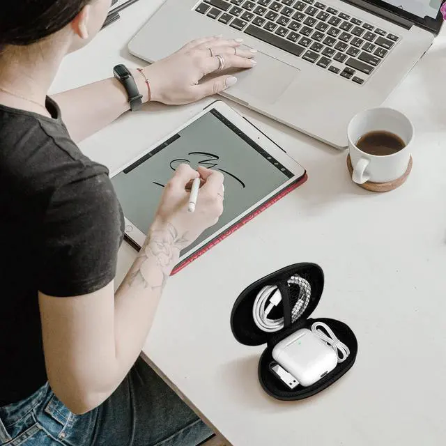 Alt view image 6 of 7 - Oval Earbud Case Portable EVA Carrying Case Storage Bag Cell Phone Accessories Organizer with Carabiner for Earphone, Earbud, Earpieces, SD Memory Card, Camera Chips, Black1