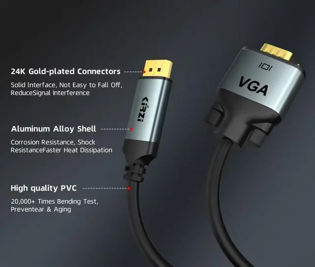 Alt view image 3 of 6 - DisplayPort to VGA Cable 20ft, 1080P@60Hz Adapter Converter, DP Male to VGA Male for Monitor Desktop Laptop