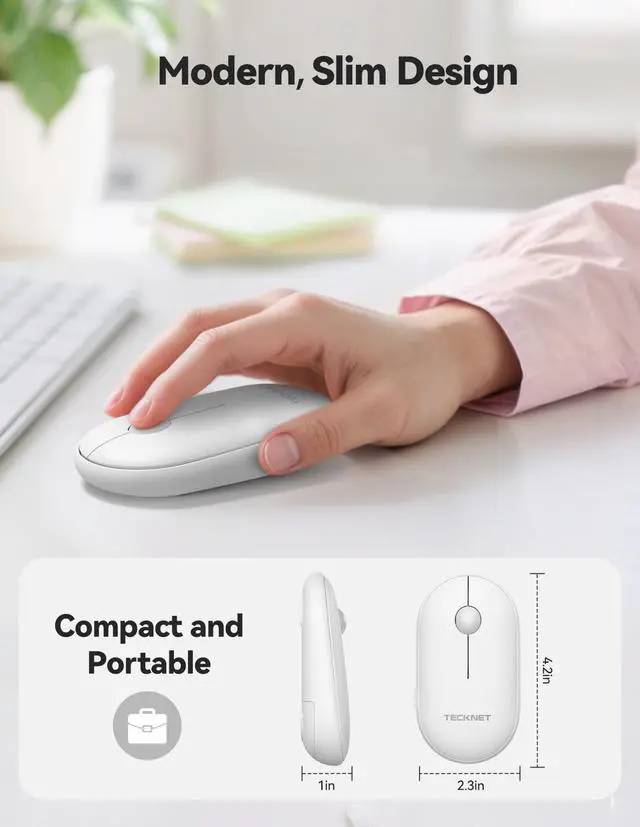 Alt view image 3 of 6 - Bluetooth Mouse, Slim Portable Wireless Mouse for 2 Modes(BT3.0/5.0+2.4Ghz), Lightweight, Contoured Grip with USB Receiver, Quiet Click Compatible with PC, Chromebook, Mac - White