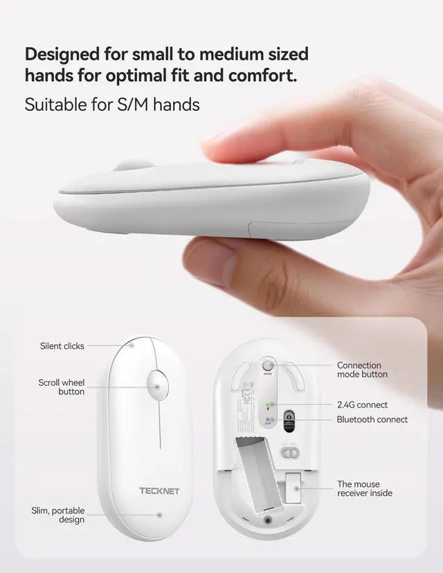 Alt view image 6 of 6 - Bluetooth Mouse, Slim Portable Wireless Mouse for 2 Modes(BT3.0/5.0+2.4Ghz), Lightweight, Contoured Grip with USB Receiver, Quiet Click Compatible with PC, Chromebook, Mac - White
