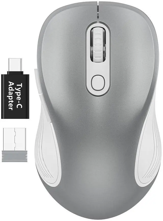 Main image of 2.4G Wireless Mouse for Laptop, Ergonomic Computer Mouse with USB Receiver and Type-C Adapter, 3 Adjustable Levels DPI, 6 Button Cordless Wireless Mice (Silver)