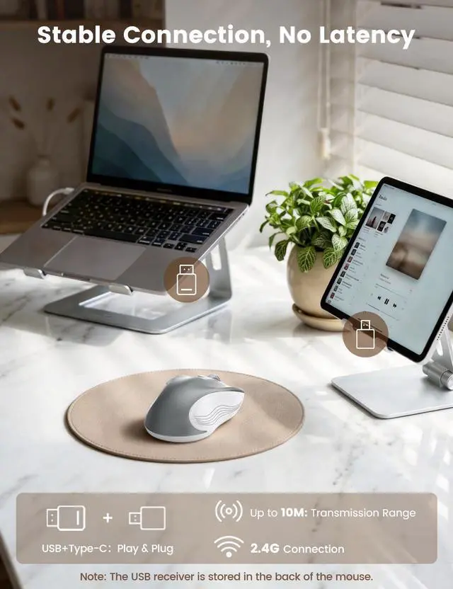 Alt view image 2 of 5 - 2.4G Wireless Mouse for Laptop, Ergonomic Computer Mouse with USB Receiver and Type-C Adapter, 3 Adjustable Levels DPI, 6 Button Cordless Wireless Mice (Silver)