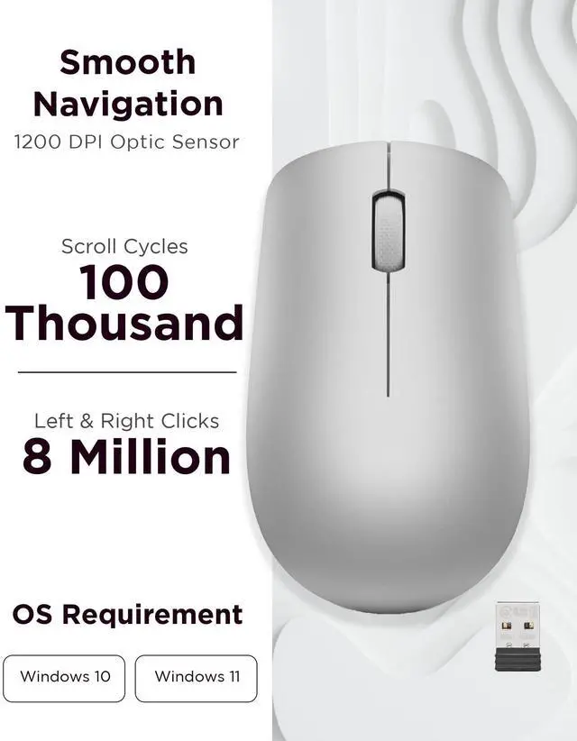 Alt view image 3 of 7 - Full Size Wireless Computer Mouse for PC, Laptop, Computer with Windows - 2.4 GHz Nano USB Receiver - Ambidextrous Design - 12 Months Battery Life - Platinum Grey