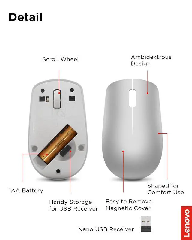 Alt view image 6 of 7 - Full Size Wireless Computer Mouse for PC, Laptop, Computer with Windows - 2.4 GHz Nano USB Receiver - Ambidextrous Design - 12 Months Battery Life - Platinum Grey