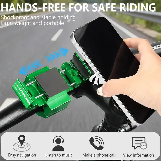 Alt view image 3 of 7 - Bike Phone Holder, Motorcycle Phone Mount, Aluminum Alloy Bicycle Handlebar Cell Phone Stand, 360°Rotate Ebike Scooter Phone Clamp Clip, Suitable for 4.5-7.0" Smartphones (Green)