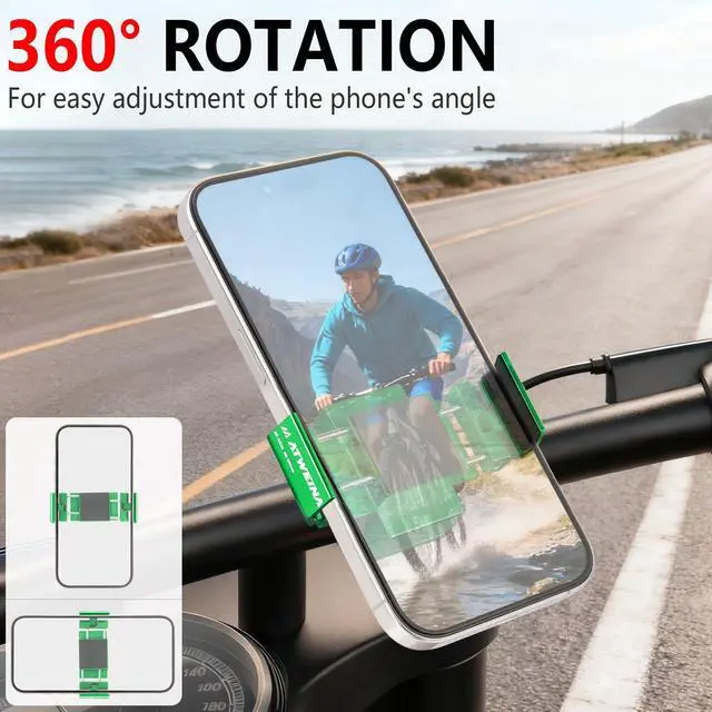 Alt view image 2 of 7 - Bike Phone Holder, Motorcycle Phone Mount, Aluminum Alloy Bicycle Handlebar Cell Phone Stand, 360°Rotate Ebike Scooter Phone Clamp Clip, Suitable for 4.5-7.0" Smartphones (Green)