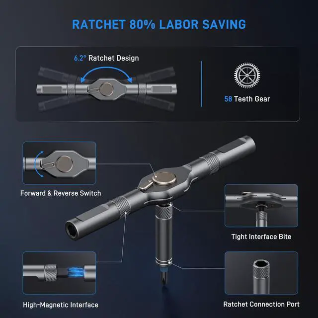 Alt view image 3 of 7 - 74 in 1 Magnetic Ratchet Screwdriver Set - T Handle Ratchet Screwdriver with S2 Steel Bits, Detachable Design & Storage Case, Precision Repair Tool Kit for Electronics, Furniture, Bicycle, Watch, DIY