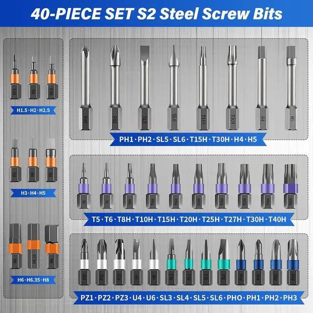 Alt view image 2 of 6 - 42 in 1 Magnetic Ratcheting Screwdriver Set, Precision Repair Tool Kit with S2 Steel Bits & Aluminum T-Handle, Multi Bit Screwdriver Set for PC, Electronics, Furniture, Bicycle & DIY