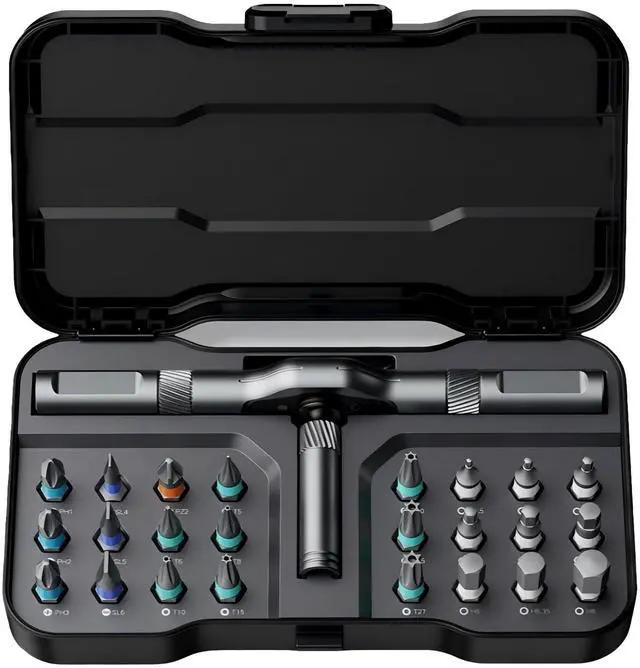 Main image of RS1 Ratcheting Screwdriver Set, 24-in-1 Mini Ratchet Bit Driver Kit with Reversible T-Handle, 40-Tooth Magnetic Multi-Bit Tool for Tight Spaces, Furniture Assembly, Bike Repair & EDC, with Case