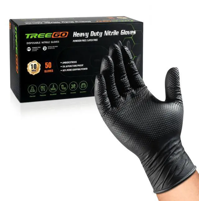 Main image of Black Nitrile Gloves 10 Mil Heavy Duty Rubber Gloves - Raised Diamond Texture Grip for Mechanics & Industrial Work - Latex Free Disposable Gloves in Medium, 50 Count