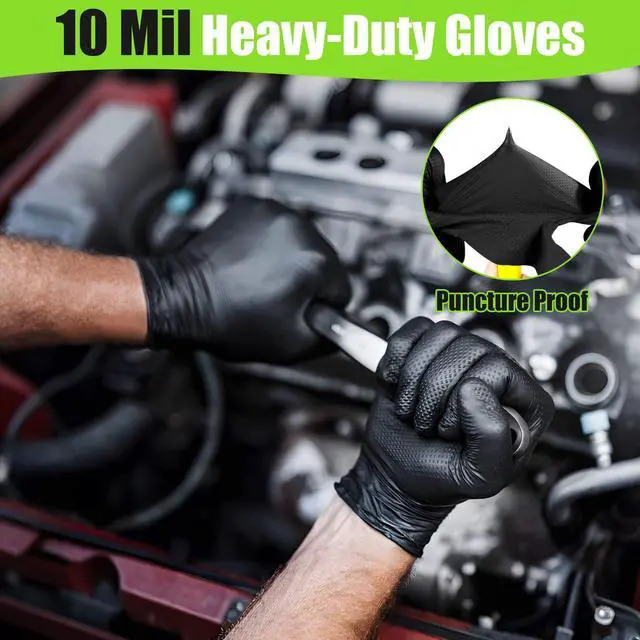 Alt view image 2 of 7 - Black Nitrile Gloves 10 Mil Heavy Duty Rubber Gloves - Raised Diamond Texture Grip for Mechanics & Industrial Work - Latex Free Disposable Gloves in Medium, 50 Count