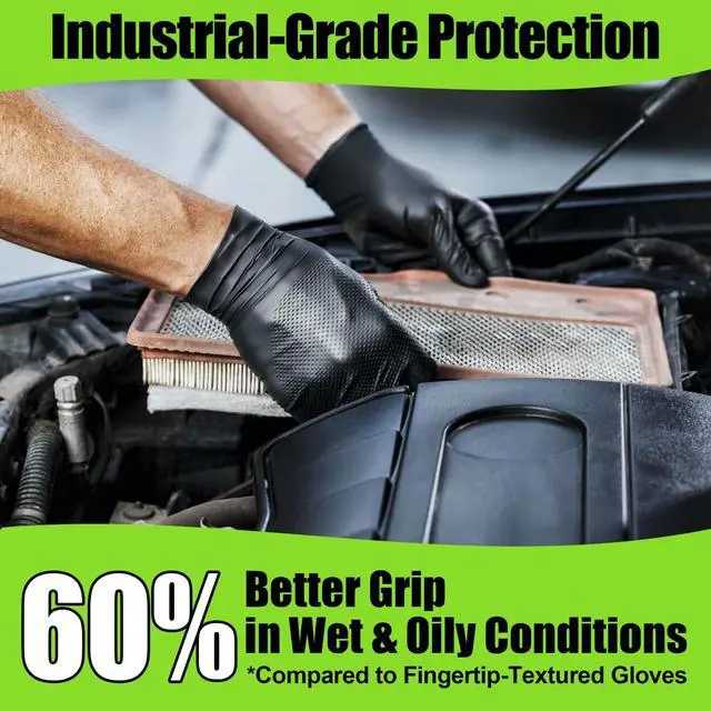 Alt view image 3 of 7 - Black Nitrile Gloves 10 Mil Heavy Duty Rubber Gloves - Raised Diamond Texture Grip for Mechanics & Industrial Work - Latex Free Disposable Gloves in Medium, 50 Count