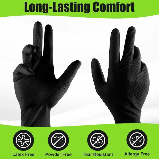 Alt view image 5 of 7 - Black Nitrile Gloves 10 Mil Heavy Duty Rubber Gloves - Raised Diamond Texture Grip for Mechanics & Industrial Work - Latex Free Disposable Gloves in Medium, 50 Count