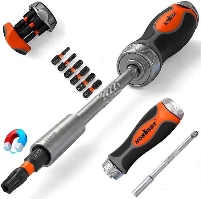 Main image of 6-in-1 Ratcheting Screwdriver Set, Magnetic Multi-Bit Screwdriver with Built-in Premium S2 Bits & 126mm Extension Bar, Dad Mens Gifts for Christmas, All-in-One Tool for Home Repair, DIY