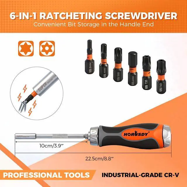 Alt view image 2 of 7 - 6-in-1 Ratcheting Screwdriver Set, Magnetic Multi-Bit Screwdriver with Built-in Premium S2 Bits & 126mm Extension Bar, Dad Mens Gifts for Christmas, All-in-One Tool for Home Repair, DIY
