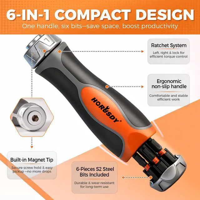 Alt view image 5 of 7 - 6-in-1 Ratcheting Screwdriver Set, Magnetic Multi-Bit Screwdriver with Built-in Premium S2 Bits & 126mm Extension Bar, Dad Mens Gifts for Christmas, All-in-One Tool for Home Repair, DIY