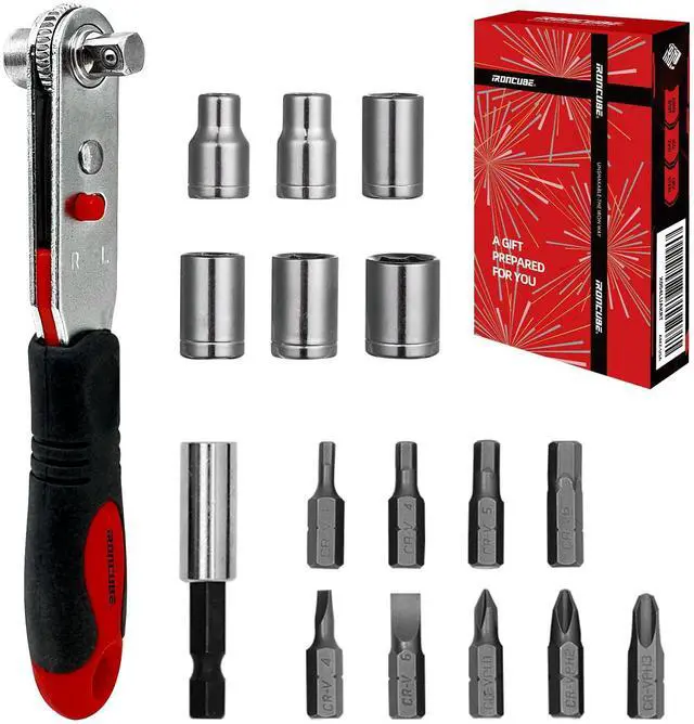Main image of Angle Ratchet Screwdriver Set: 16 Piece Magnetic Bit & Socket with 90 degree Mini Offset Low Profile Reversible Drive Handle - Stocking Stuffers with Gift Box