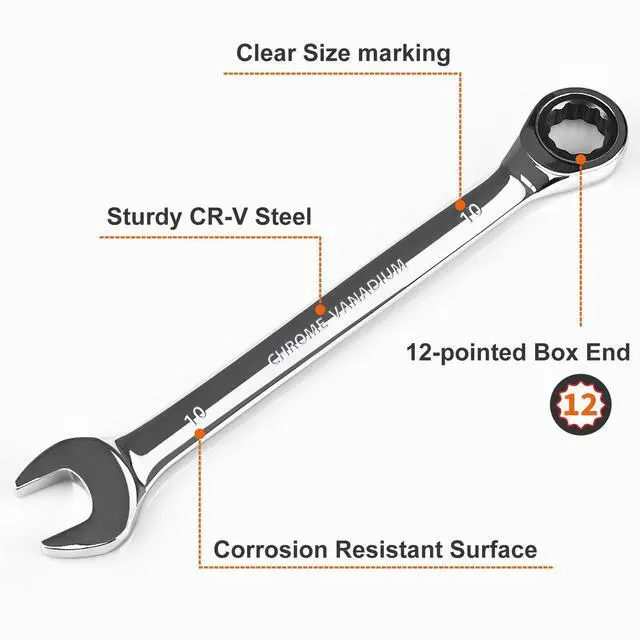 Alt view image 2 of 6 - 10mm Ratchet Wrench, Ratcheting Combination Wrench Metric 10mm Wrench, Industrial Grade Gear Spanner with 12-Point Design, 72-Tooth Ratchet, Chrome Vanadium Steel