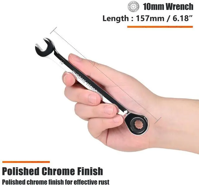 Alt view image 3 of 6 - 10mm Ratchet Wrench, Ratcheting Combination Wrench Metric 10mm Wrench, Industrial Grade Gear Spanner with 12-Point Design, 72-Tooth Ratchet, Chrome Vanadium Steel