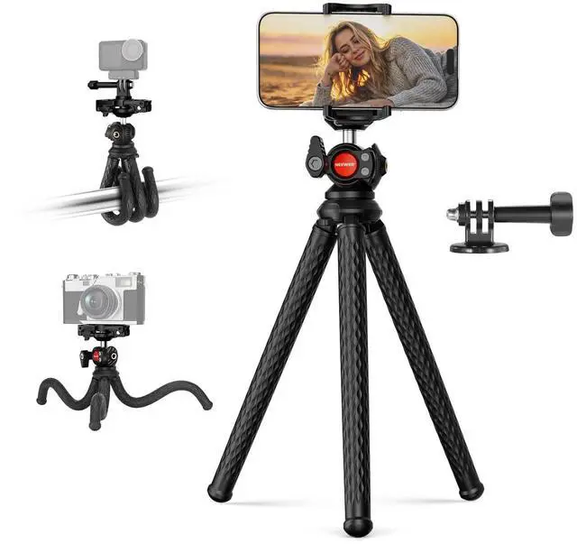 Main image of Flexible Phone Tripod, Small Mini Camera Webcam Desk Stand, Phone Holder & Action Camera Mount Adapter Compatible with iPhone GoPro DJI Pocket 4 3 Xtra Muse Insta360 for Video Recording, TP34