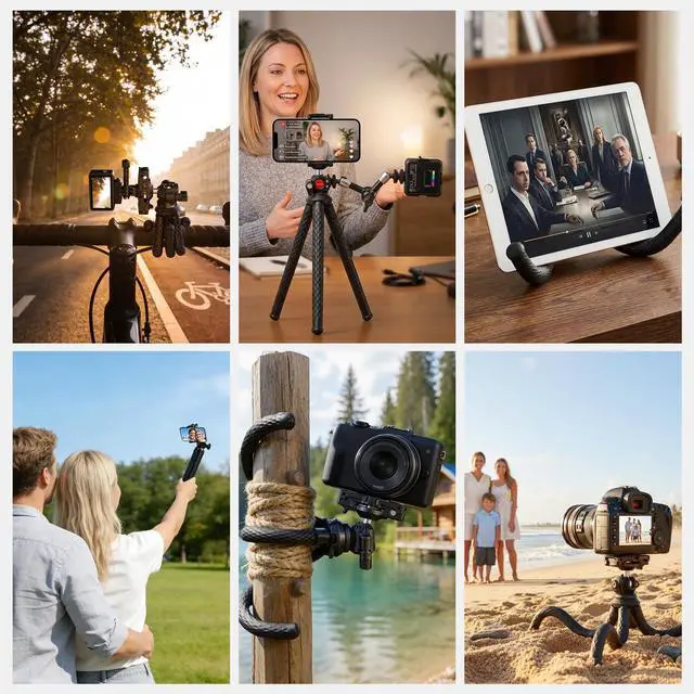 Alt view image 7 of 7 - Flexible Phone Tripod, Small Mini Camera Webcam Desk Stand, Phone Holder & Action Camera Mount Adapter Compatible with iPhone GoPro DJI Pocket 4 3 Xtra Muse Insta360 for Video Recording, TP34
