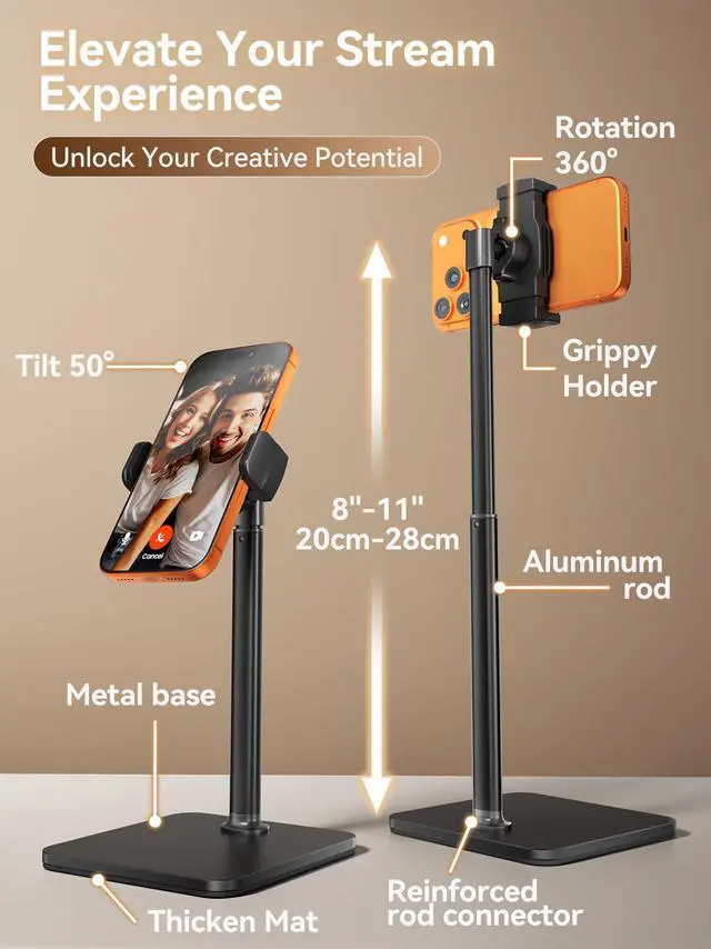 Alt view image 3 of 6 - Phone Stand for Desk, 8-11" Height Adjustable Cell Phone Holder for Live Streaming, Video Recording, TikTok Compatible with iPhone 17/16/15, Samsung, All 4-7" Smartphones -Black