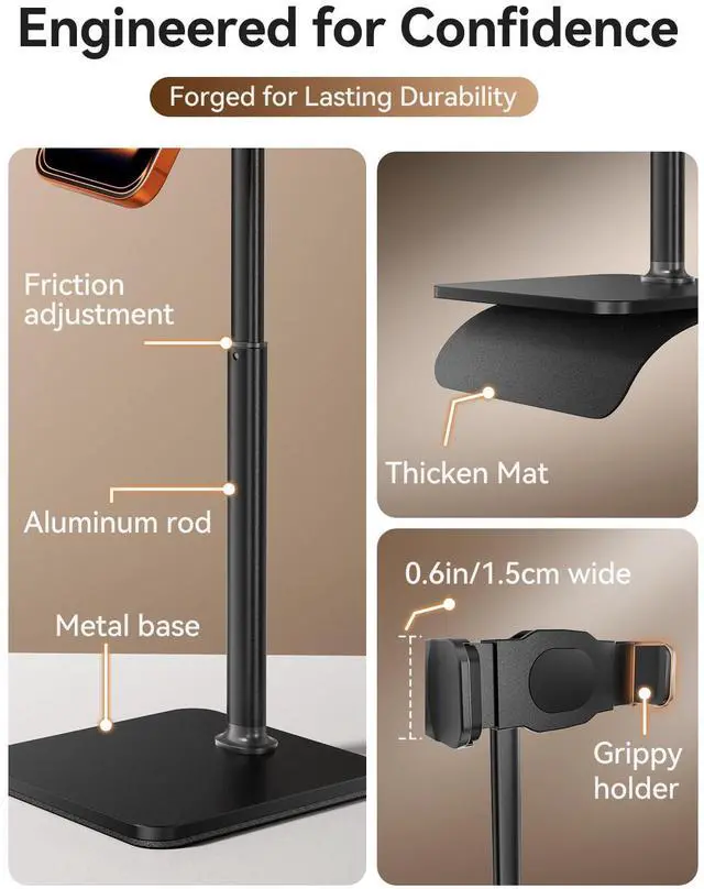 Alt view image 5 of 6 - Phone Stand for Desk, 8-11" Height Adjustable Cell Phone Holder for Live Streaming, Video Recording, TikTok Compatible with iPhone 17/16/15, Samsung, All 4-7" Smartphones -Black