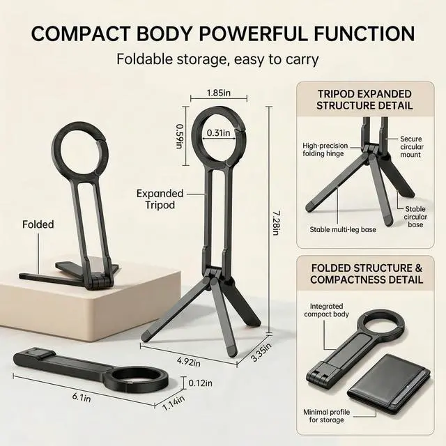 Alt view image 2 of 7 - Magnetic Phone Tripod Stand, Metal Lightweight Portable Cell Phone Holder, Black