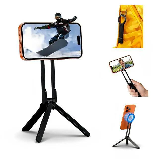 Main image of Magnetic Phone Tripod Stand, Metal Lightweight Portable Cell Phone Holder, Black