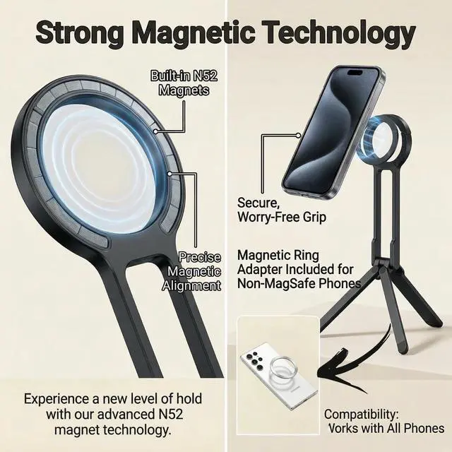 Alt view image 3 of 7 - Magnetic Phone Tripod Stand, Metal Lightweight Portable Cell Phone Holder, Black