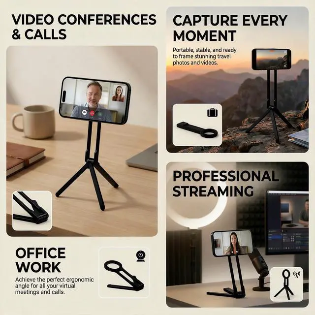 Alt view image 4 of 7 - Magnetic Phone Tripod Stand, Metal Lightweight Portable Cell Phone Holder, Black