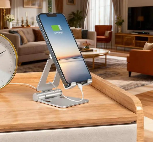 Main image of Adjustable Cell Phone Stand, Aluminum Desktop Cellphone Stand with Anti-Slip Base and Convenient Charging Design, Fits All Smart Phones, Silver