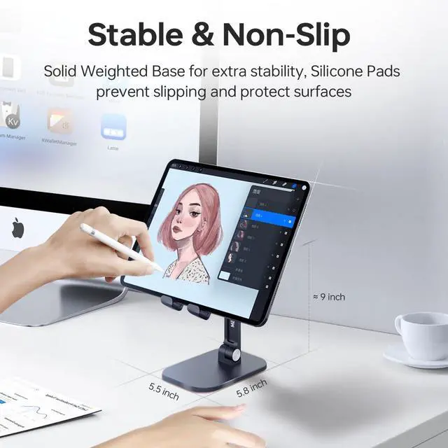 Alt view image 3 of 7 - Foldable Phone Stand for Desk - Adjustable Height & Angle Cell Phone Holder, Portable Tablet Stand with Anti-Slip Base for Home, Office, and Travel, Compatible with iPhone & All 4-11" Devices (Black)