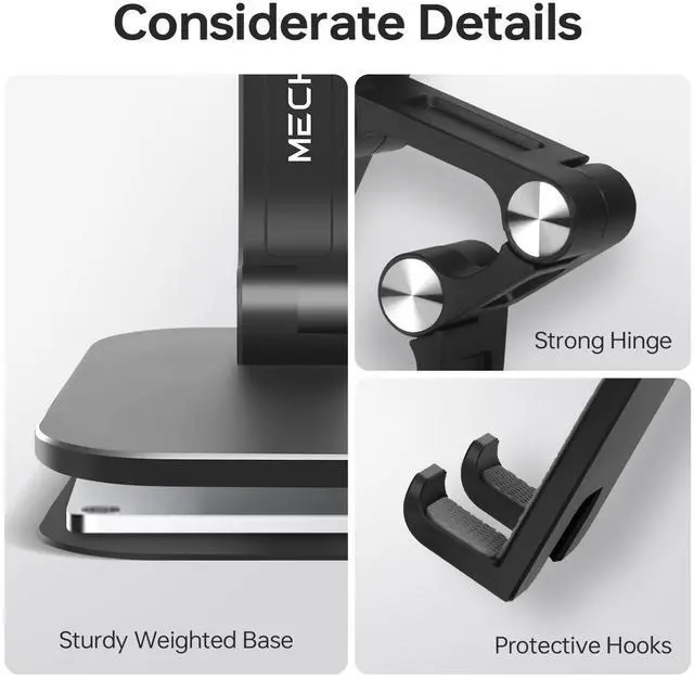 Alt view image 4 of 7 - Foldable Phone Stand for Desk - Adjustable Height & Angle Cell Phone Holder, Portable Tablet Stand with Anti-Slip Base for Home, Office, and Travel, Compatible with iPhone & All 4-11" Devices (Black)