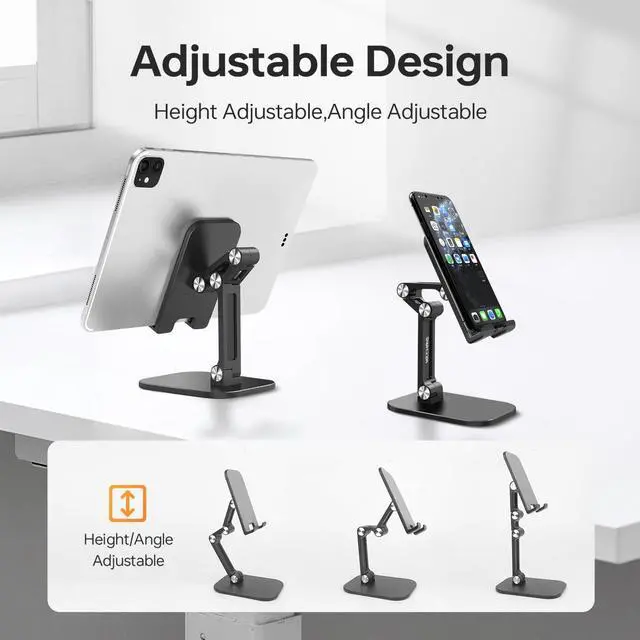 Alt view image 2 of 7 - Foldable Phone Stand for Desk - Adjustable Height & Angle Cell Phone Holder, Portable Tablet Stand with Anti-Slip Base for Home, Office, and Travel, Compatible with iPhone & All 4-11" Devices (Black)