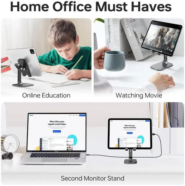 Alt view image 7 of 7 - Foldable Phone Stand for Desk - Adjustable Height & Angle Cell Phone Holder, Portable Tablet Stand with Anti-Slip Base for Home, Office, and Travel, Compatible with iPhone & All 4-11" Devices (Black)