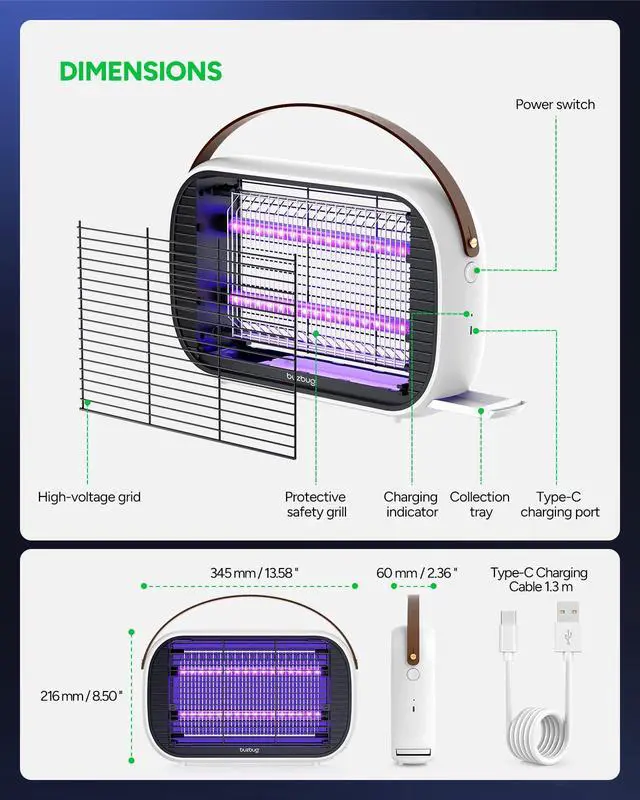 Alt view image 7 of 7 - LED Bug Zapper Indoor Outdoor, Rechargeable 5200mAh, Dual Band Attraction, 50000H Long-Life LED Bulbs, Portable Mosquito Zapper, Fly Trap Mosquito Trap, Fly Killer Fly Zapper MA015C