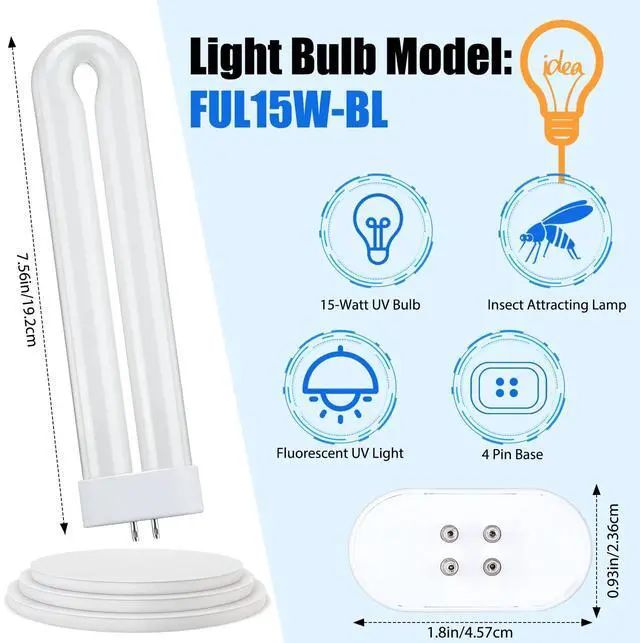 Alt view image 2 of 6 - Bug Zapper Replacement Bulbs U Type FUL15W BL with 4 Pin Base, U Shaped Twin Tube Bulb Fluorescent UV Lamp Tube 2 Count (Pack of 1)
