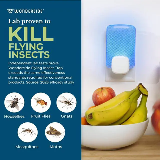 Alt view image 2 of 6 - Flying Insect and Fly Trap - Indoor Bug Catcher for Fruit and House Flies, Gnats, Moths, and Mosquitoes - Starter Kit for Home and Kitchen - 1 Plug-in Light and 1 Cartridge