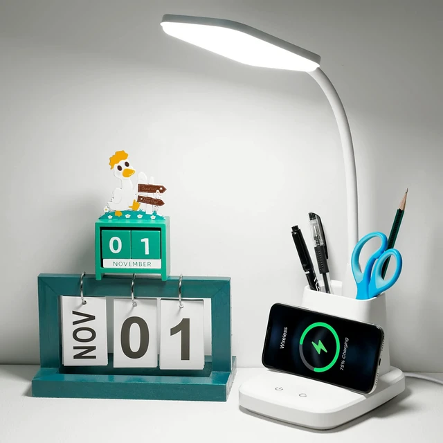 Main image of Upgraded 10W Wireless Charging LED Desk Lamp with Pen Holder, White | CRI 95, 800LM, Stepless Dimming, 3 Modes, 360°Flexible Arm, Touch, Study Table Lamp for Home Office, Dorm Room, with Adapter