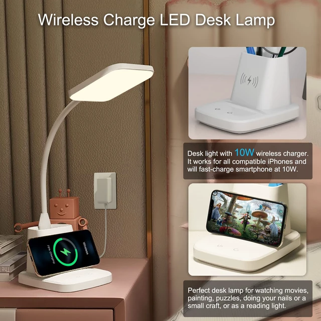 Alt view image 2 of 7 - LED Desk Lamp with 10W Wireless Charging & Pen Holder, Snow White | CRI 95, 800LM, Stepless Dimming, 3 Modes, 360°Flexible Arm, Touch, Study Table Lamp for Home Office, Dorm Room, with Adapter