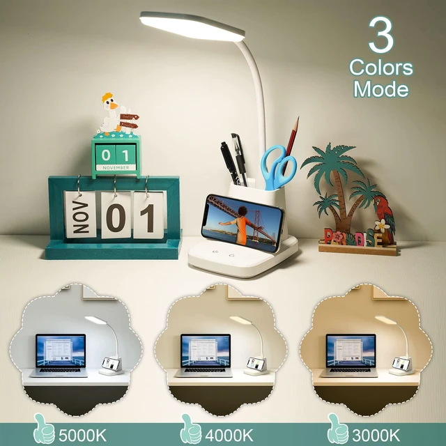 Main image of LED Desk Lamp with 10W Wireless Charging & Pen Holder, Snow White CRI 95, 800LM, Stepless Dimming, 3 Modes, 360°Flexible Arm, Touch, Study Table Lamp for Home Office, Dorm Room, with Adapter