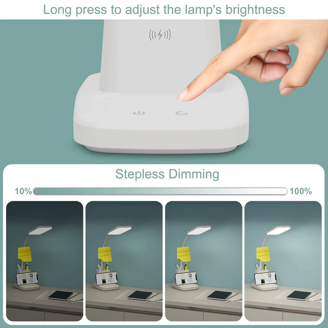 Alt view image 5 of 7 - LED Desk Lamp with 10W Wireless Charging & Pen Holder, Snow White | CRI 95, 800LM, Stepless Dimming, 3 Modes, 360°Flexible Arm, Touch, Study Table Lamp for Home Office, Dorm Room, with Adapter