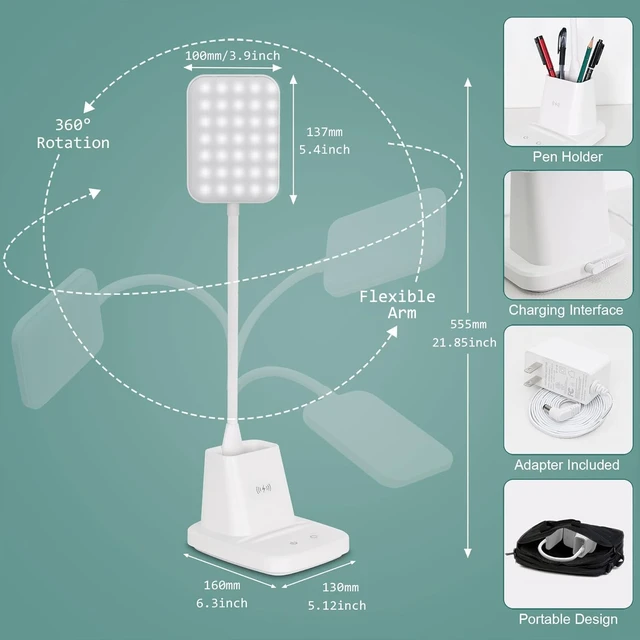 Alt view image 6 of 7 - LED Desk Lamp with 10W Wireless Charging & Pen Holder, Snow White | CRI 95, 800LM, Stepless Dimming, 3 Modes, 360°Flexible Arm, Touch, Study Table Lamp for Home Office, Dorm Room, with Adapter