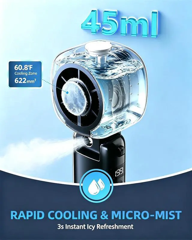Alt view image 2 of 7 - Portable Handheld Turbo Fan with Ice Cooling, 45ml Mist Fan, Up to 12Hrs Cooling, 5 Speeds, USB Rechargeable, High Power Motor, Personal Cooling Fan for Outdoor, Travel, Beach, Camping (Black)