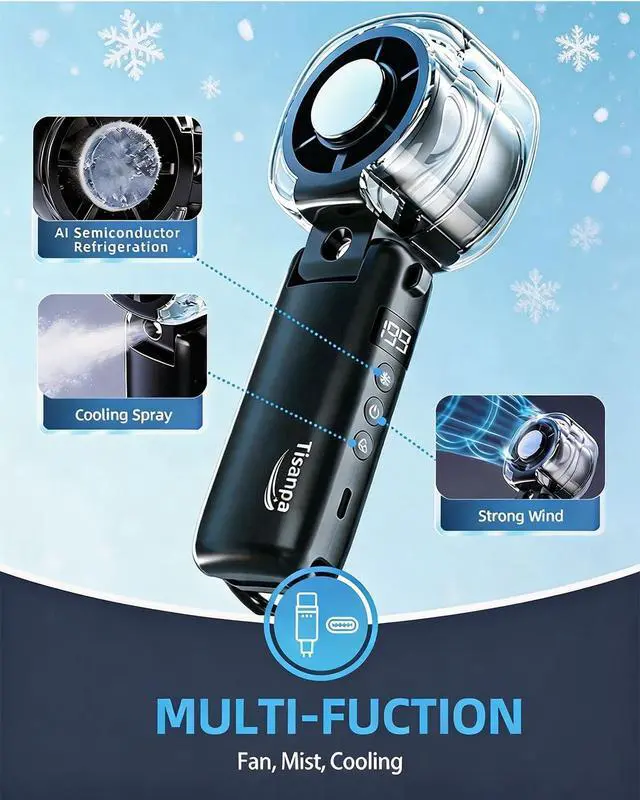 Alt view image 6 of 7 - Portable Handheld Turbo Fan with Ice Cooling, 45ml Mist Fan, Up to 12Hrs Cooling, 5 Speeds, USB Rechargeable, High Power Motor, Personal Cooling Fan for Outdoor, Travel, Beach, Camping (Black)