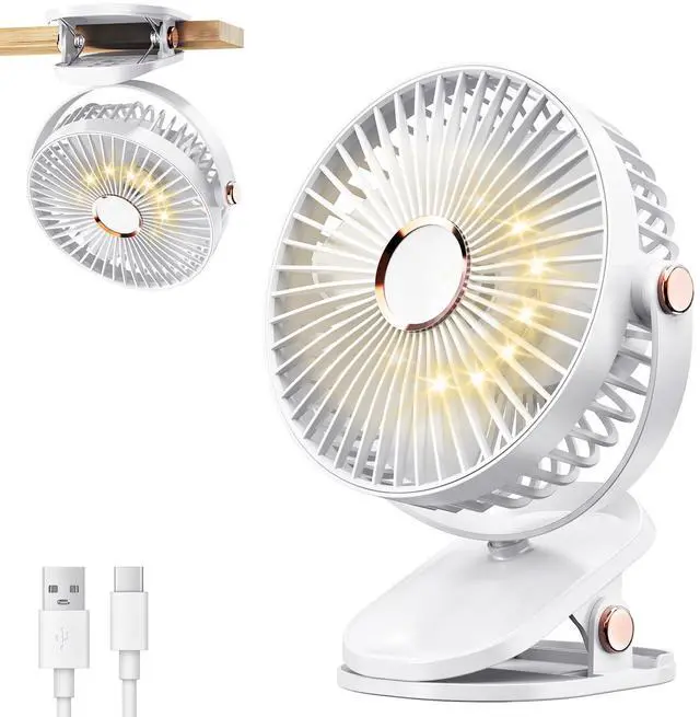 Main image of 4000mAh Portable Clip on Fan with LED Lights, Battery Operated USB Desk Fan,4 Speed Quiet Rechargeable Mini Table Fan, 360° Rotate Personal Cooling Fan for Home Office Stroller Camping (White)