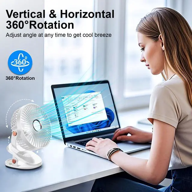 Alt view image 2 of 7 - 4000mAh Portable Clip on Fan with LED Lights, Battery Operated USB Desk Fan,4 Speed Quiet Rechargeable Mini Table Fan, 360° Rotate Personal Cooling Fan for Home Office Stroller Camping (White)