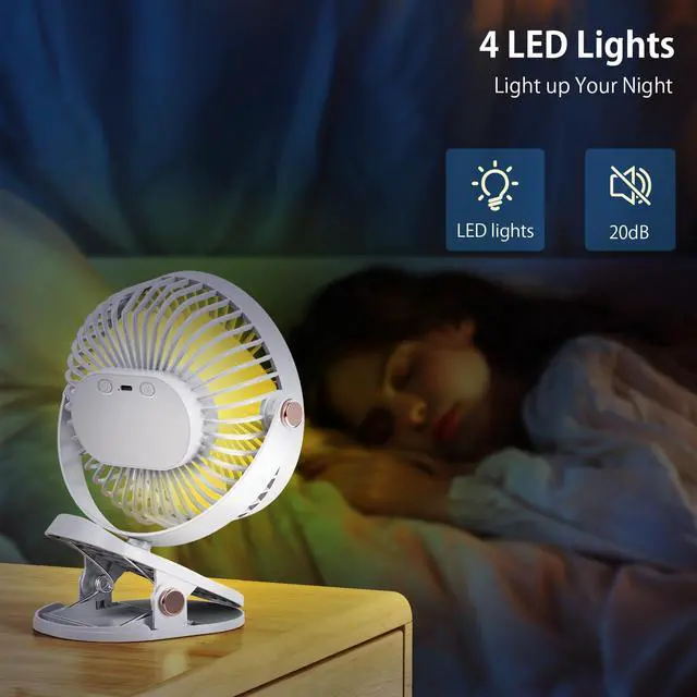 Alt view image 5 of 7 - 4000mAh Portable Clip on Fan with LED Lights, Battery Operated USB Desk Fan,4 Speed Quiet Rechargeable Mini Table Fan, 360° Rotate Personal Cooling Fan for Home Office Stroller Camping (White)